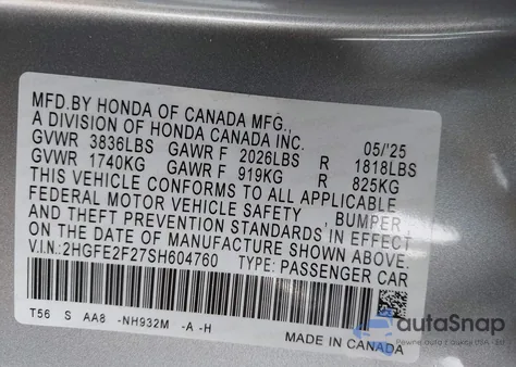 2025 Honda Civic Lx from USA, damaged, VIN 2HGFE2F27SH604760